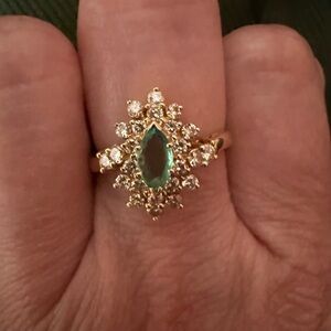 14k solid yellow gold marquis shaped emerald and diamond cluster ring